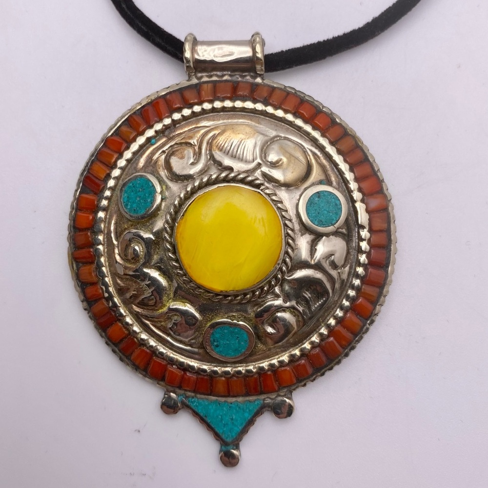 Tibetan Silver Coral Turquoise Necklace 9” Extender 3” Pendant 2” Made in Tibet